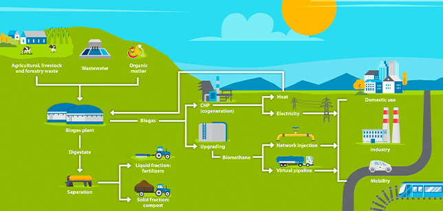 This illustration shows how waste is converted into biogas and biomethane and their different uses.