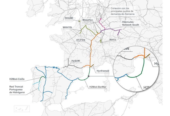 Mapa con red de infraestructuras de hidrógeno en Europa