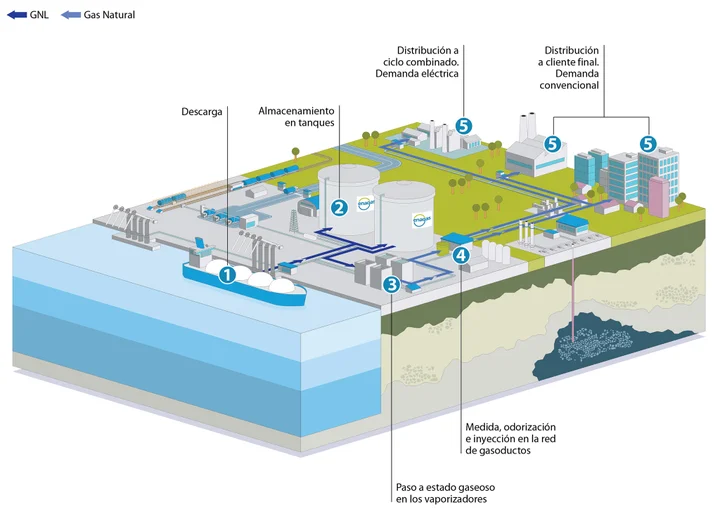 Descarga de buque, regasificación y distribución
