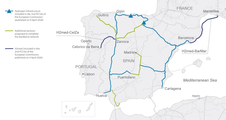 Map of Spain's hydrogen network infrastructure in 2030