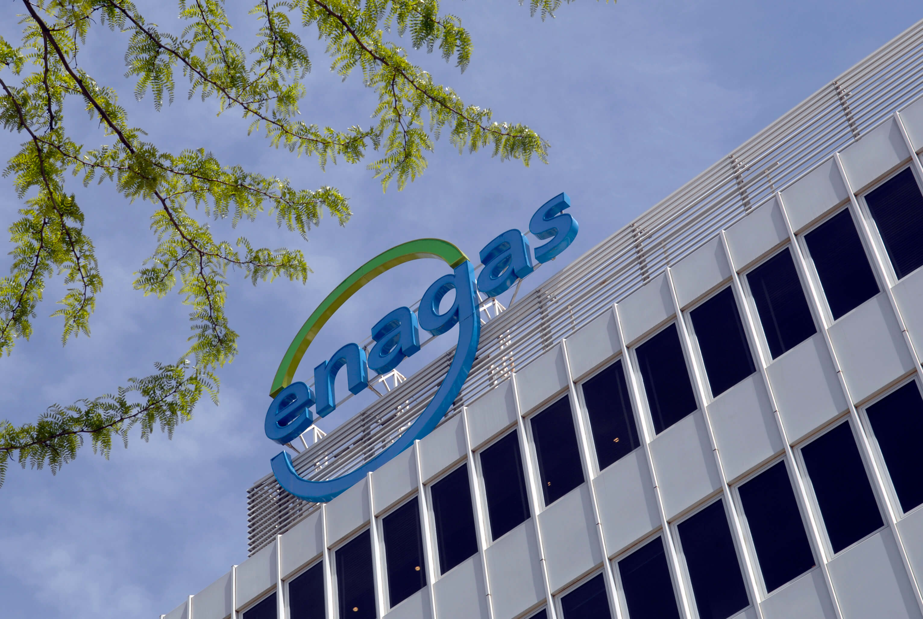 Enagás logo at the entry to the headquarters in Madrid