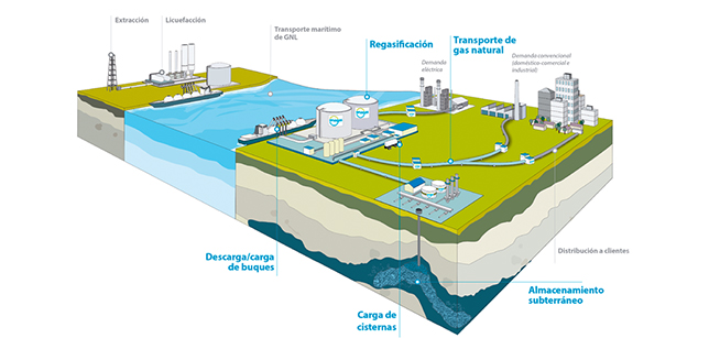 Esta infografía muestra la cadena de valor del gas natural, desde su extracción hasta la distribución a clientes finales. Destaca las actividades que Enagás realiza en todo ese proceso.