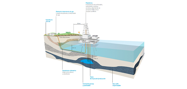Infografía del Almacenamiento Subterráneo Gaviota, un modelo de almacenamiento offshore.