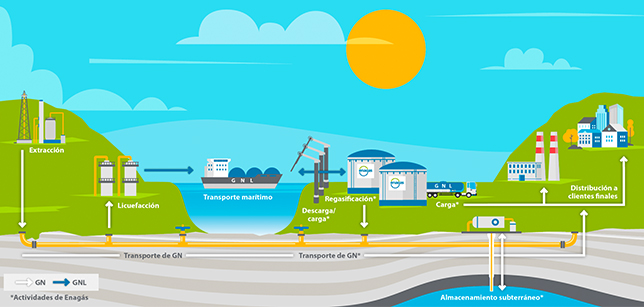 Esta ilustración muestra el viaje del gas natural desde su extracción hasta su distribución a clientes finales e identifica las actividades en las que Enagás participa.