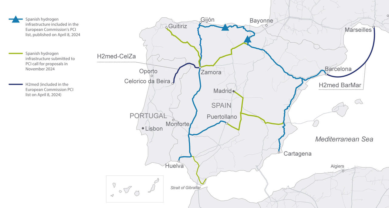 Map of Spain's hydrogen network infrastructure in 2030