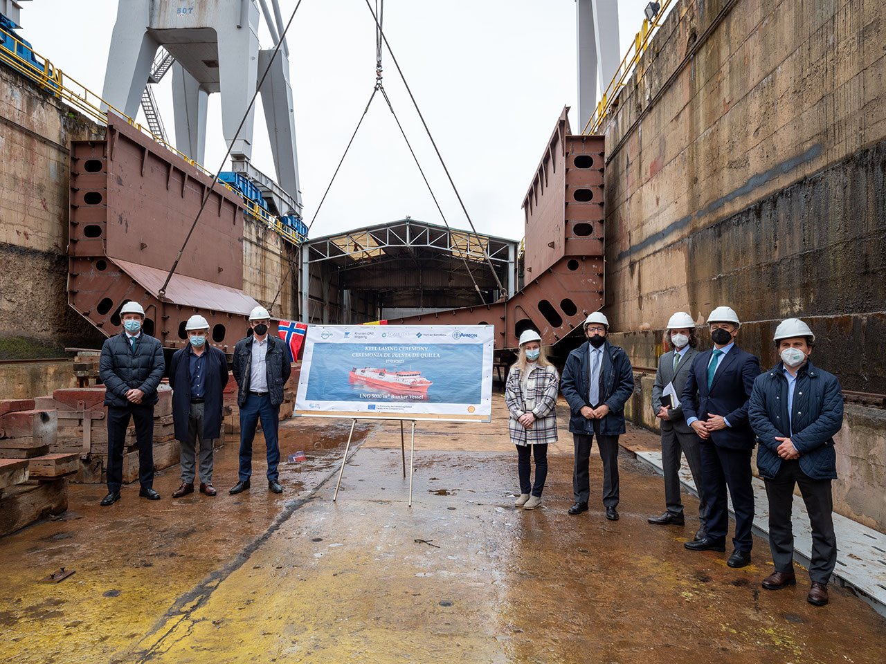 Enagas professionals and other partner companies at the keel laying ceremony of an LNG bunkering vessel in Gijon