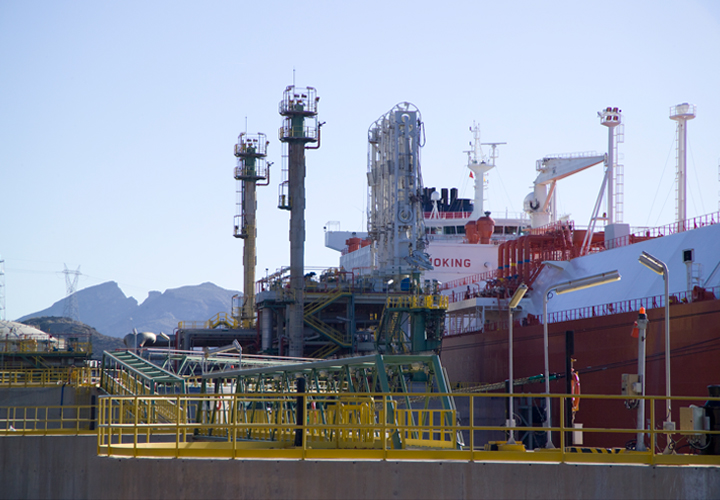 LNG tanker unloading at a regasification plant