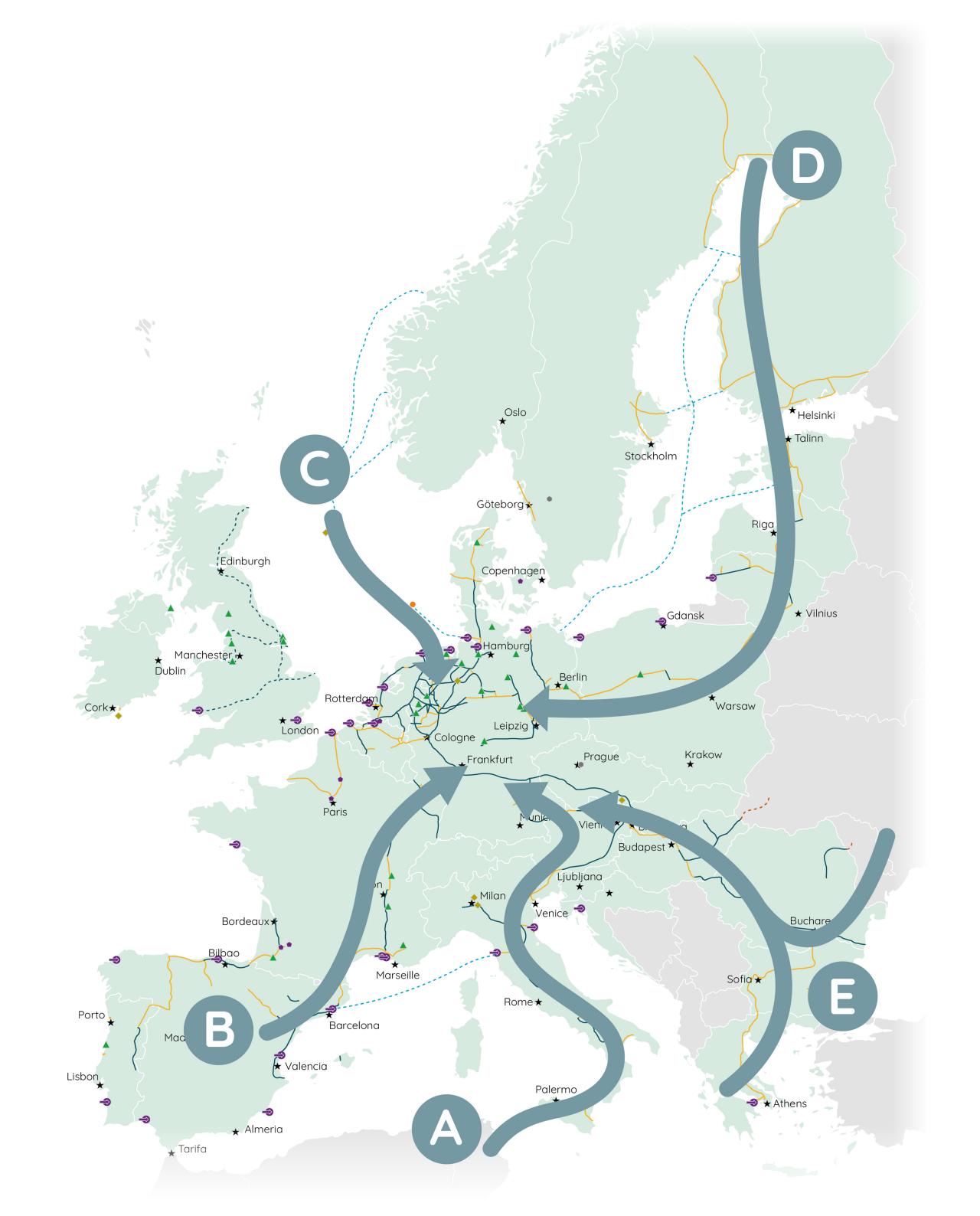 Mapa con propuesta de red de infraestructuras de hidrógeno en Europa
