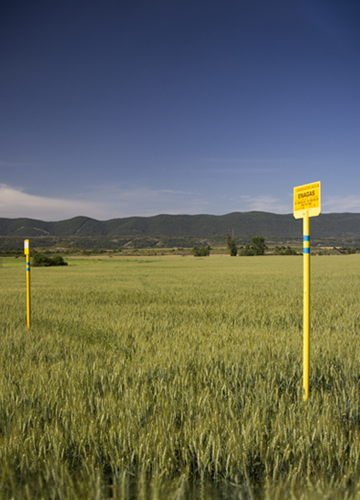 Paisaje natural con postes amarillos de Enagás que marcan infraestructura de gas.