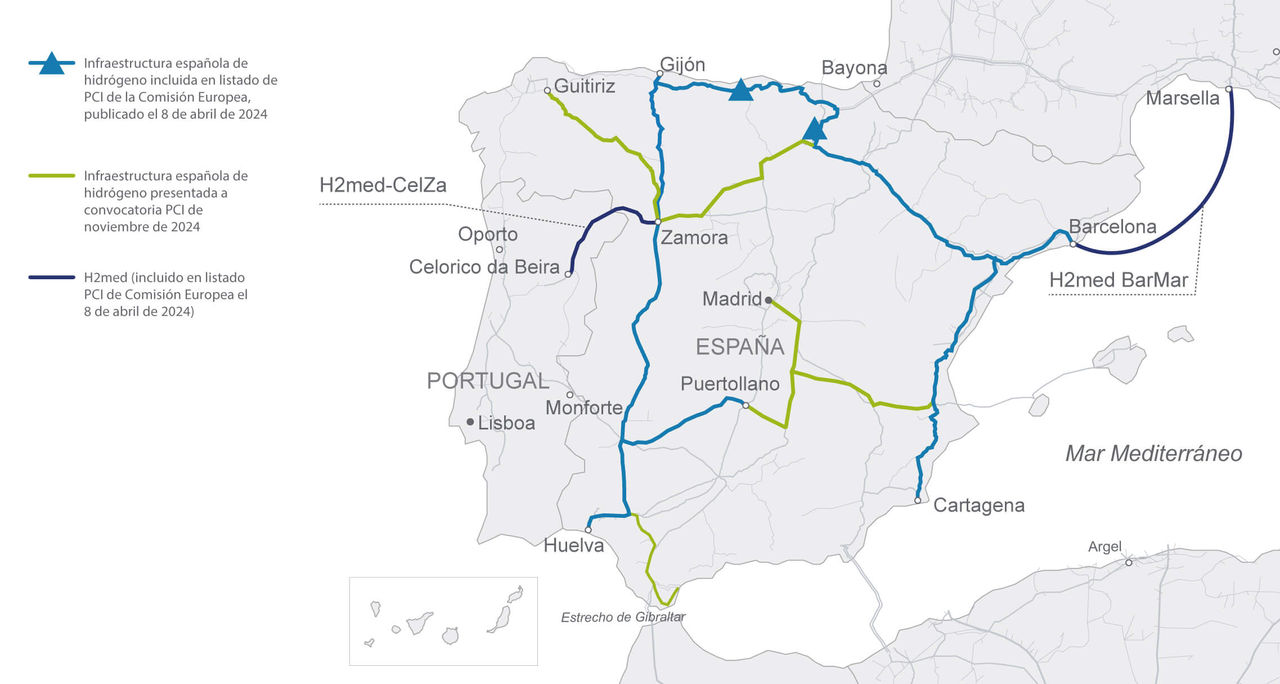 Mapa de la infraestructura española de hidrógeno